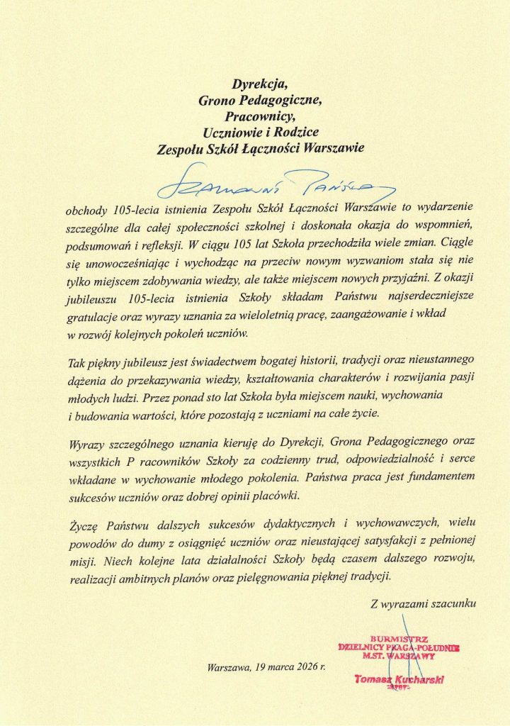Dokument związany z obchodami 105-lecia ZSŁ