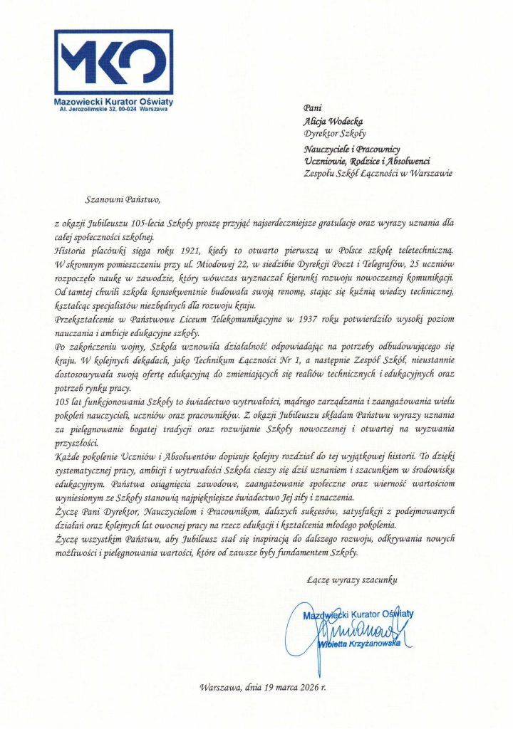 Dokument jubileuszowy 105-lecia ZSŁ