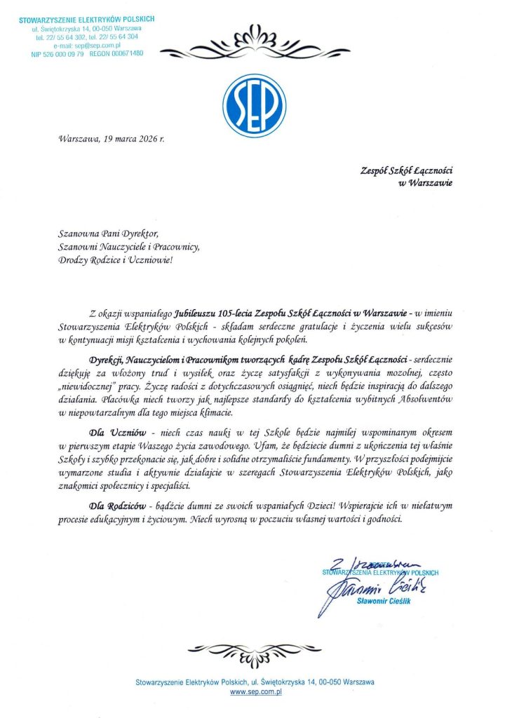 Dyplom z obchodów 105-lecia Szkół Łączności