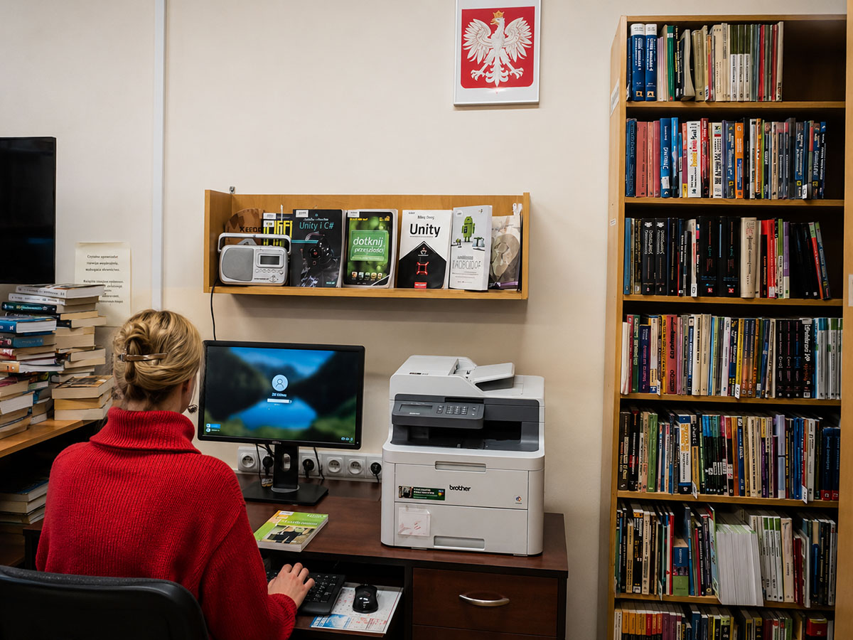 Uczniowie pracujący w bibliotece ZSŁ