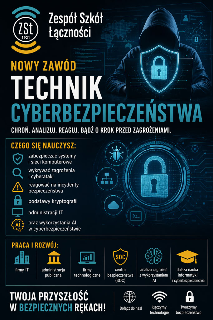 Plakat rekrutacyjny kierunku Technik cyberbezpieczeństwa