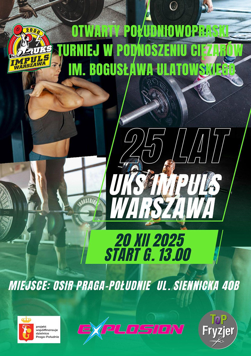 Plakat 25-lecia UKS Impuls i turnieju w podnoszeniu ciężarów z 2025 roku