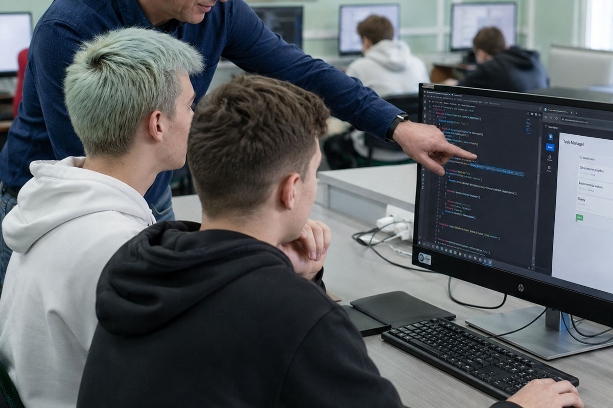 Uczeń pracujący nad kodem podczas konsultacji z nauczycielem