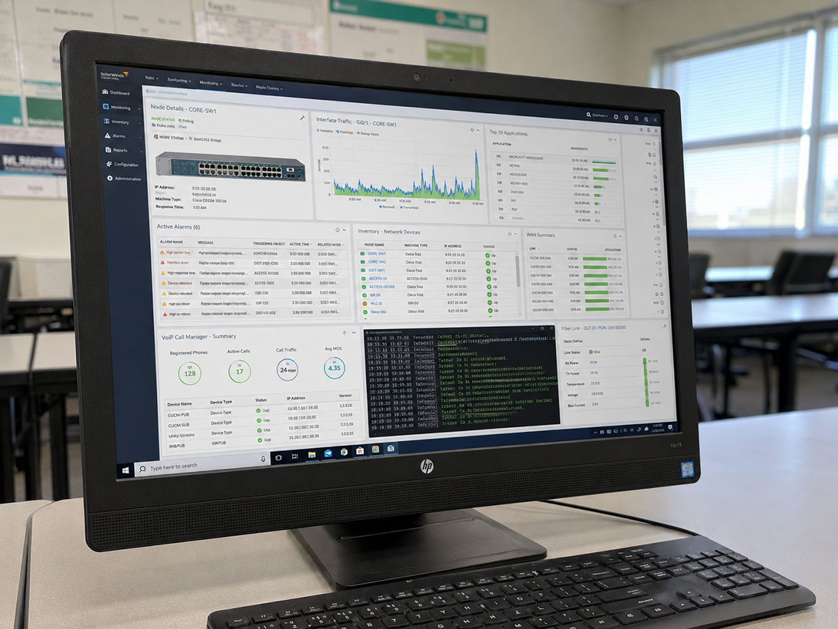 Monitor z systemem routingu podczas zajęć telekomunikacyjnych