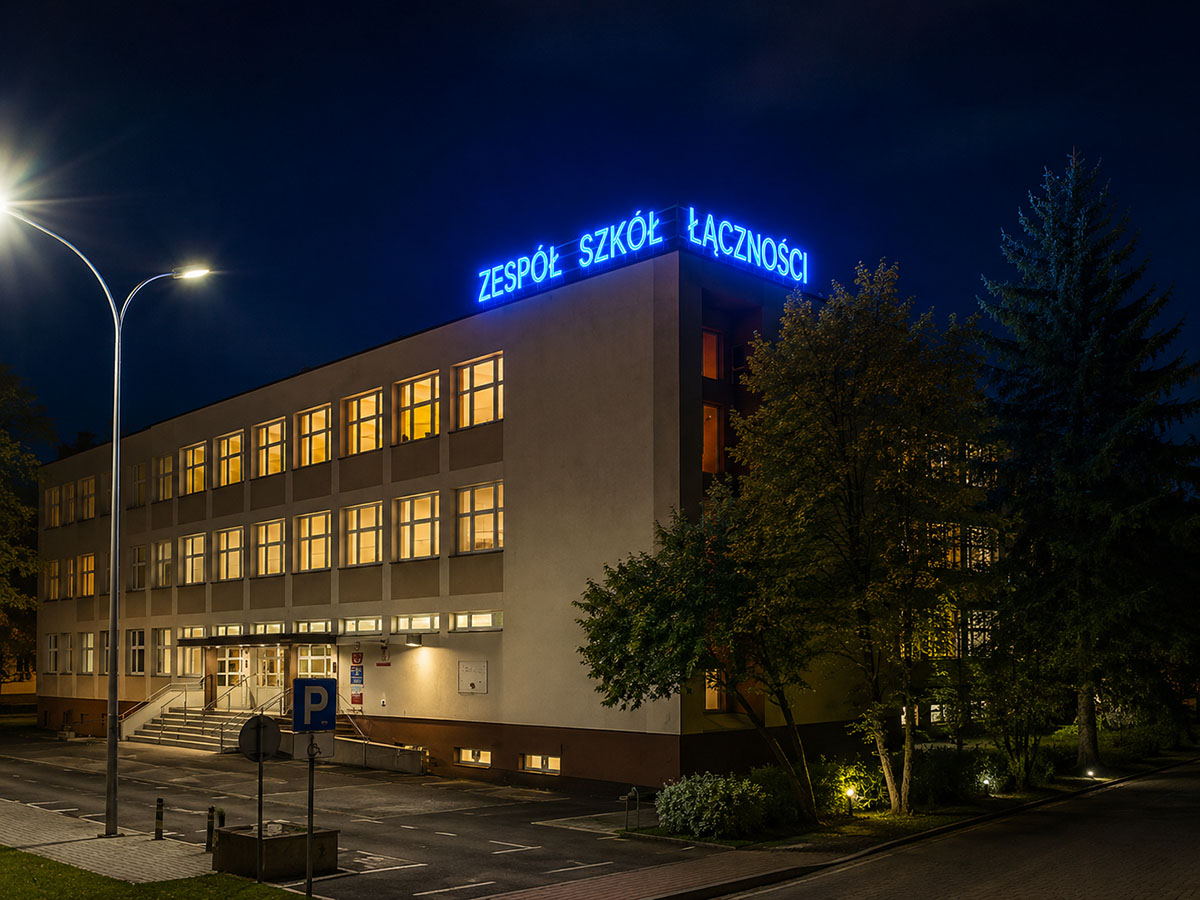 Budynek Zespołu Szkół Łączności przy al. Stanów Zjednoczonych 24 nocą