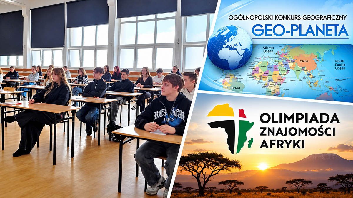 Grafika promująca konkursy geograficzne w ZSŁ – Geo-Planeta i Olimpiadę Znajomości Afryki