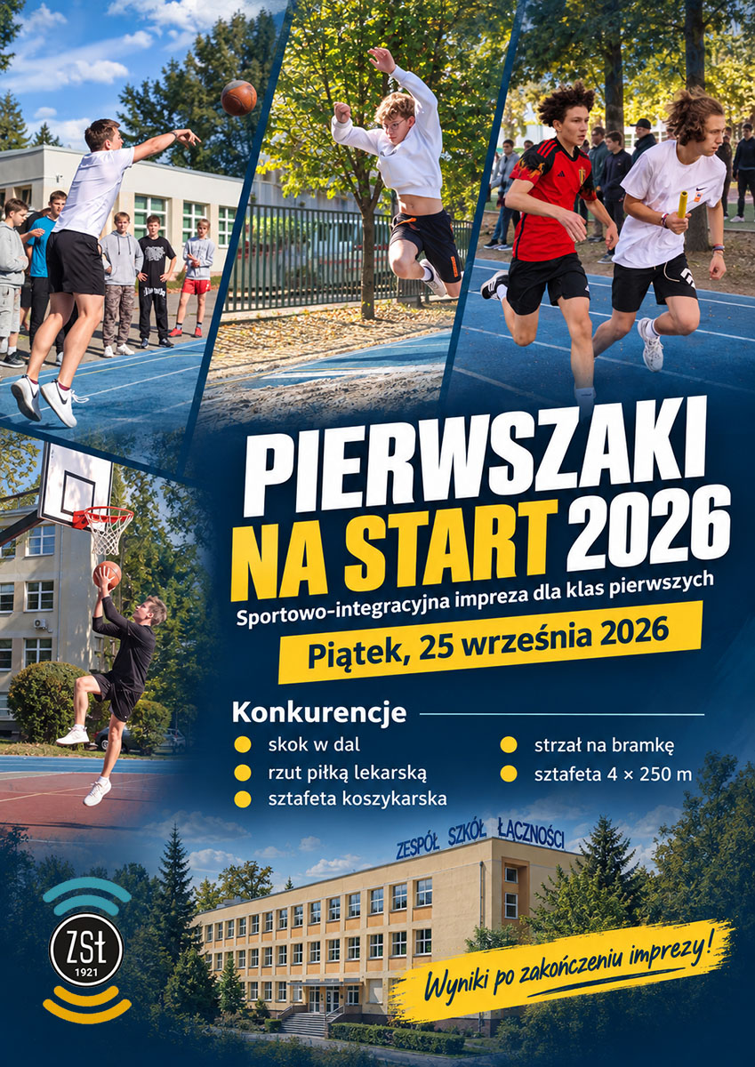 Plakat wydarzenia sportowo-integracyjnego Pierwszaki na start 2026 dla klas pierwszych ZSŁ