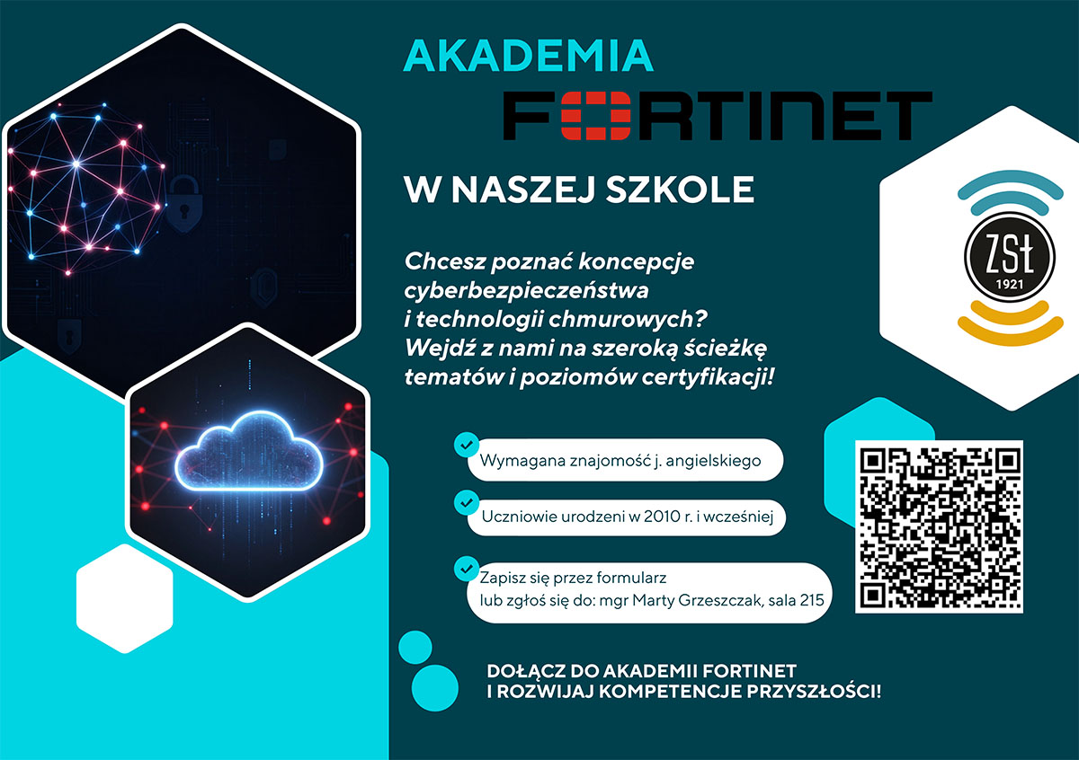 Plakat Akademii Fortinet w ZSŁ Warszawa z kodem QR