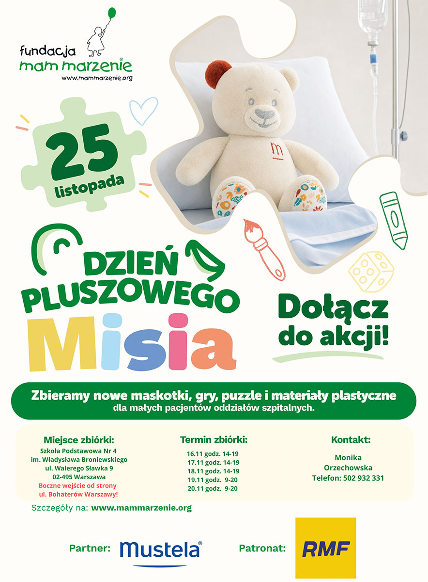Plakat Dnia Pluszowego Misia 2026 zachęcający do udziału w zbiórce nowych maskotek dla dzieci