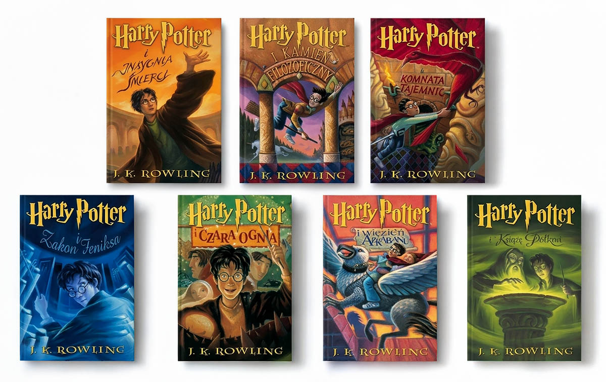 Okładki siedmiu tomów serii Harry Potter ułożone w dwóch rzędach