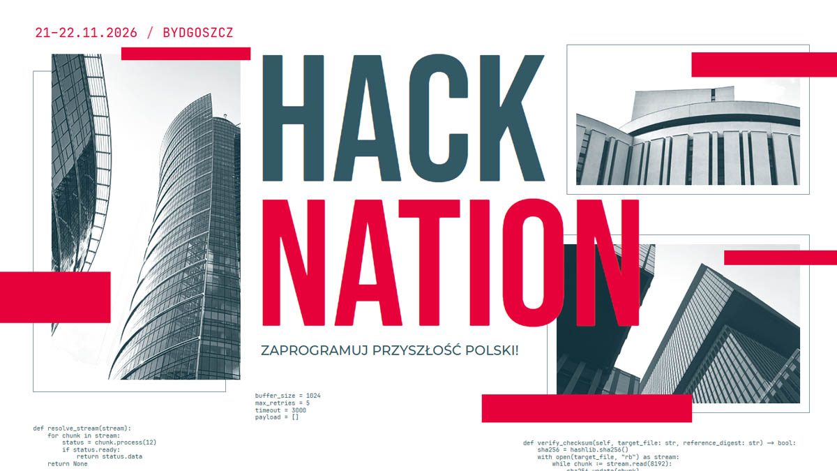 Grafika promująca HackNation 2026 z hasłem „Zaprogramuj przyszłość Polski”