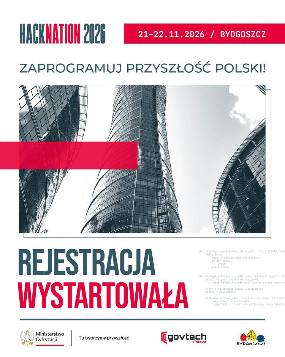 Plakat HackNation 2026 informujący o rozpoczęciu rejestracji na wydarzenie 21–22 listopada 2026 w Bydgoszczy
