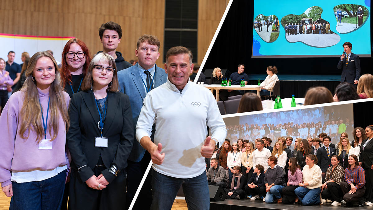Kolaż z III Konferencji Samorządów Uczniowskich przedstawiający reprezentację ZSŁ, obrady i wspólne zdjęcie uczestników