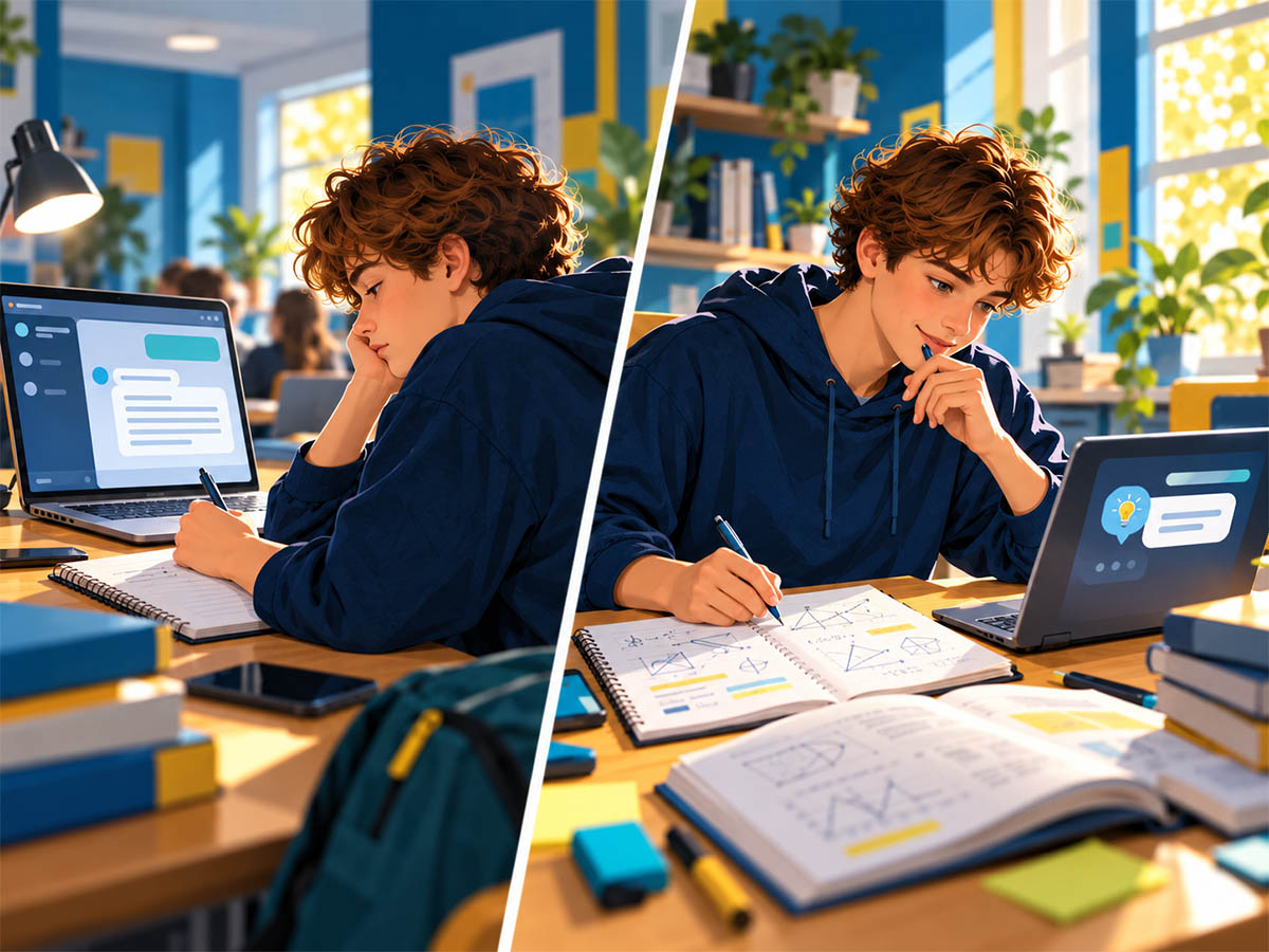 Uczniowie korzystający z laptopów i notatek podczas wspólnej nauki