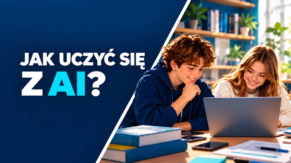 Grafika z hasłem „Jak uczyć się z AI?” i uczniami pracującymi przy laptopie