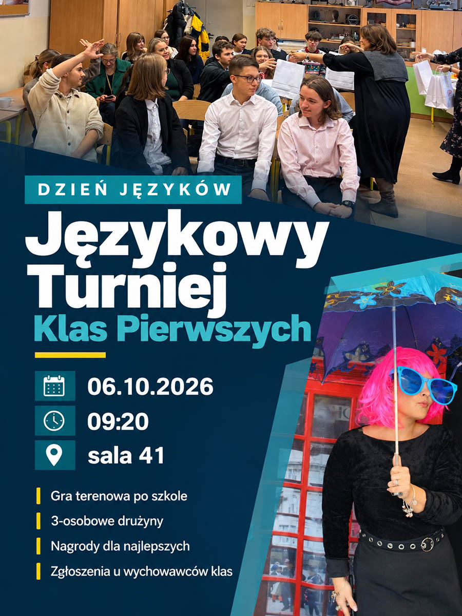 Plakat Językowego Turnieju Klas Pierwszych: 6 października 2026, godz. 09:20, sala 41