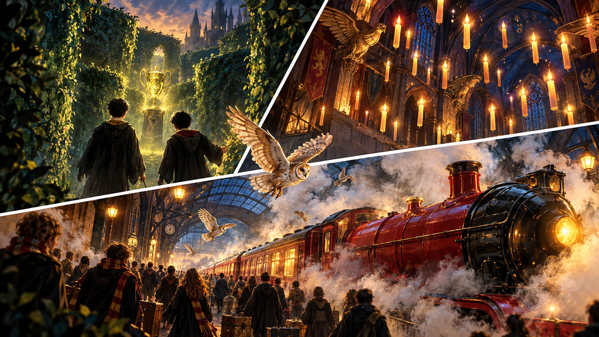 Kolaż promujący konkurs Harry Potter – Puchar Szkół z motywami związanymi ze światem Harry’ego Pottera