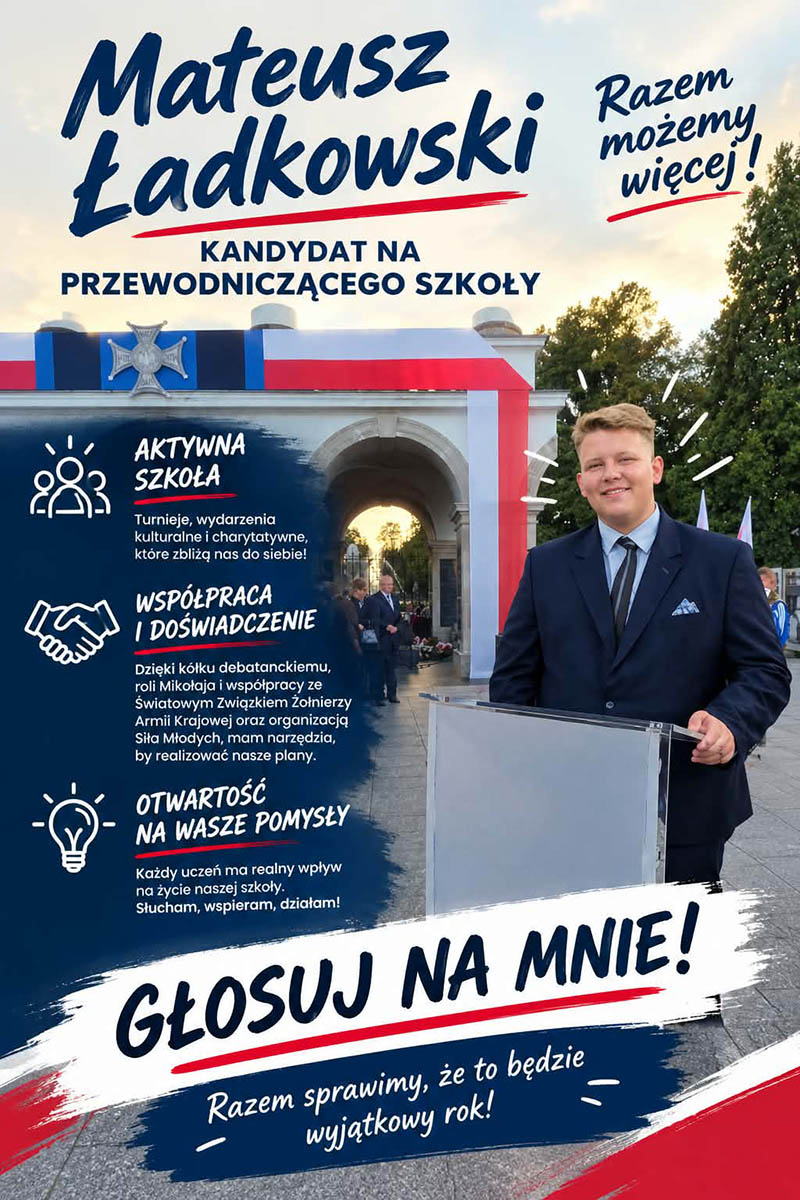 Plakat wyborczy Mateusza Ładkowskiego, kandydata do Samorządu Uczniowskiego 2026