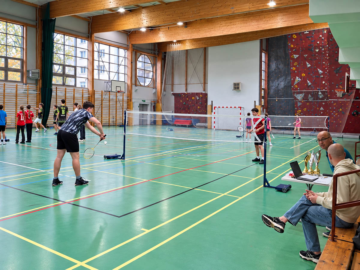Zawodnicy podczas rozgrywki badmintonowej w sali gimnastycznej na mistrzostwach Pragi-Południe