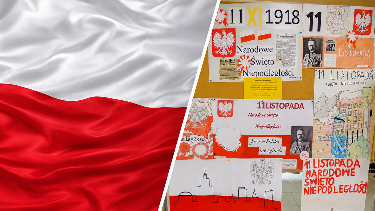 Grafika promująca szkolny konkurs z okazji Narodowego Święta Niepodległości z biało-czerwoną flagą i pracami uczniów