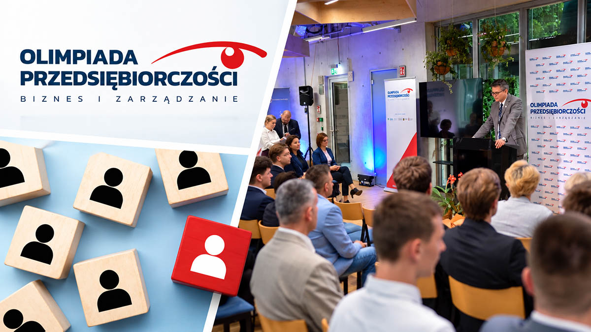 Grafika Olimpiady Przedsiębiorczości – Biznes i Zarządzanie z prelegentem przemawiającym do uczestników wydarzenia