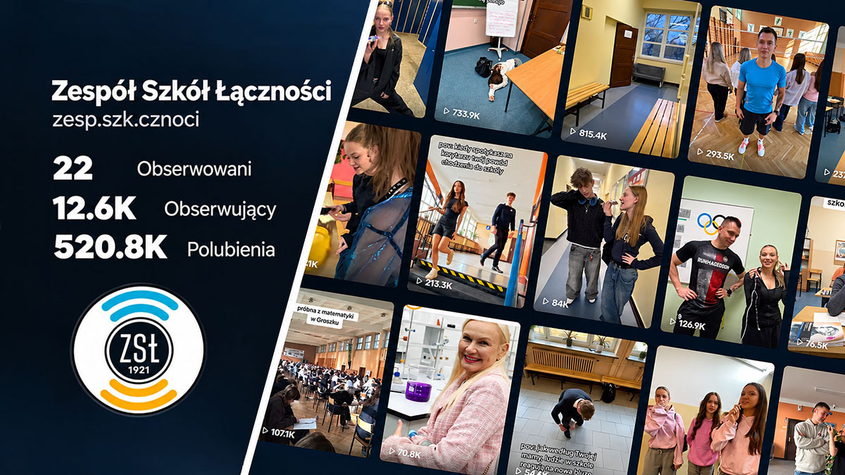 Grafika podsumowująca statystyki i popularne materiały na profilu TikTok Zespołu Szkół Łączności