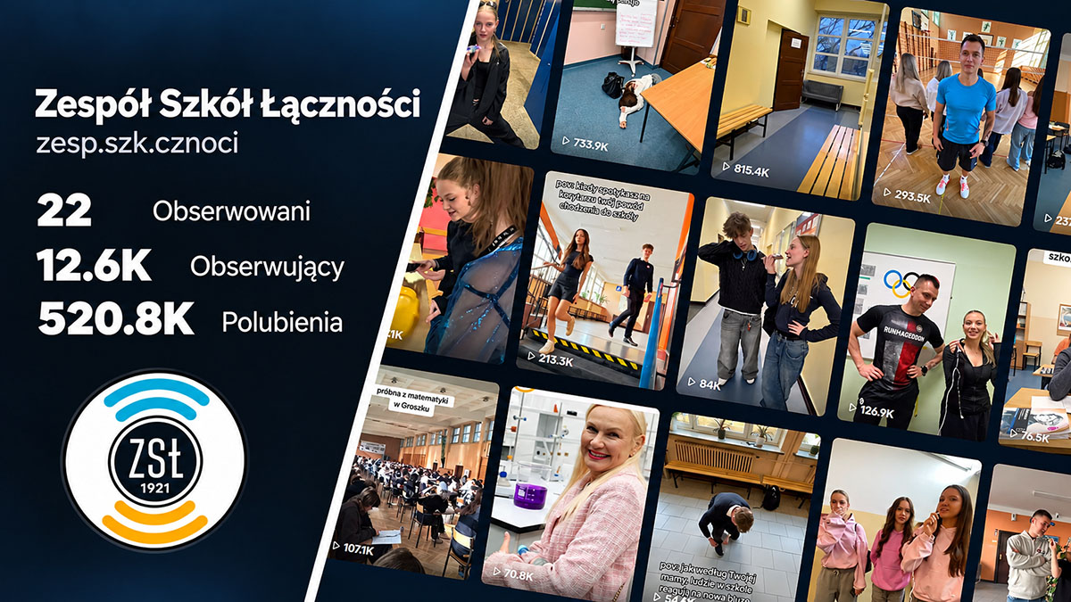 Grafika podsumowująca statystyki i popularne materiały na profilu TikTok Zespołu Szkół Łączności