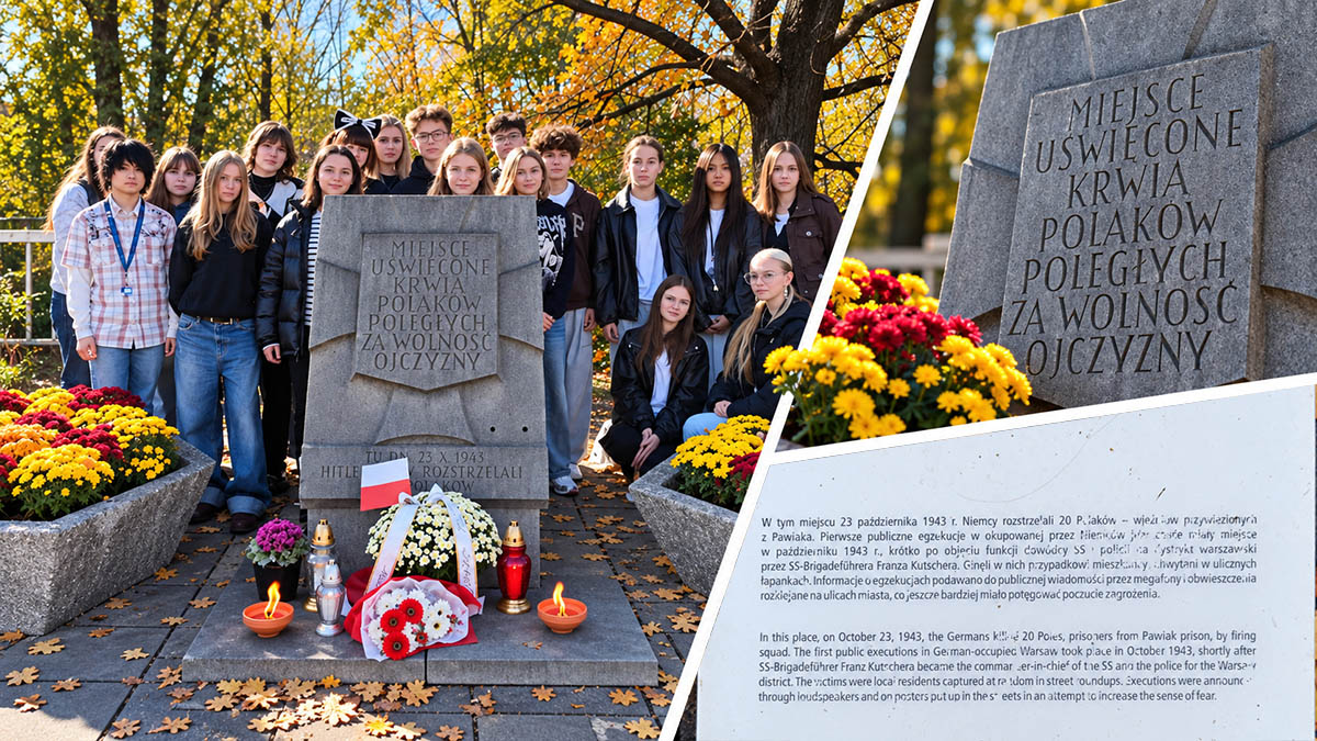 Kolaż przedstawiający uczniów ZSŁ przy miejscu pamięci Polaków poległych za wolność ojczyzny