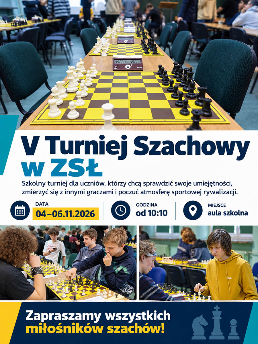 Plakat V Turnieju Szachowego w ZSŁ 2026 z informacjami organizacyjnymi i zdjęciami uczestników grających w szachy