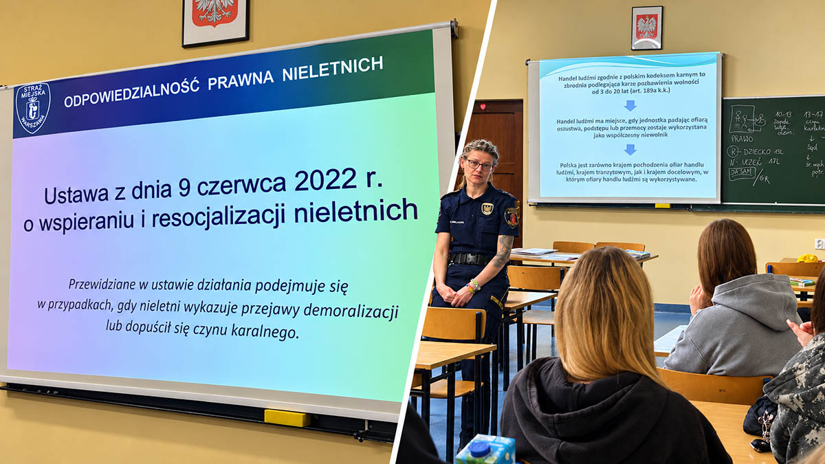 Kolaż z zajęć profilaktyczno-edukacyjnych prowadzonych przez Straż Miejską dla uczniów ZSŁ