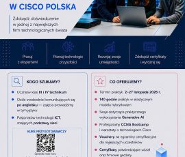 Plakat oferty praktyk uczniowskich w Cisco Polska z informacjami o rekrutacji.