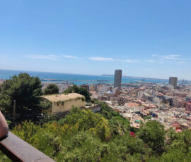 Panorama Alicante i wybrzeża oglądana z wysoko położonego punktu widokowego.