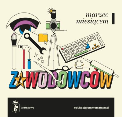 Plakat akcji „Marzec Miesiącem Zawodowców” z ilustracjami branż technicznych.