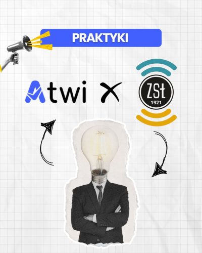 Grafika informująca o praktykach uczniów ZSŁ w firmie ATWI.