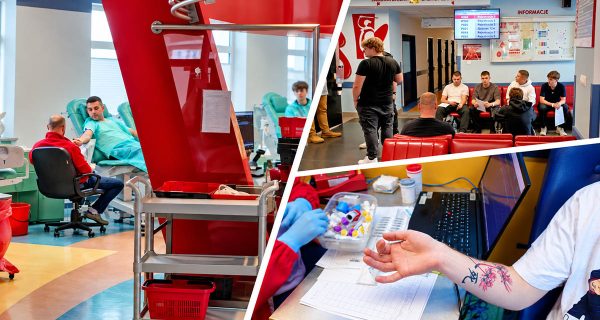 Kolaż z akcji krwiodawstwa ZSŁ przedstawiający uczestników, personel medyczny i przygotowanie do oddawania krwi