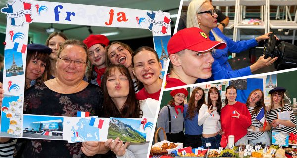 Kolaż z Dnia Języków 2026 przedstawiający uczniów i nauczycielkę przy stoisku poświęconym Francji oraz szkolne aktywności