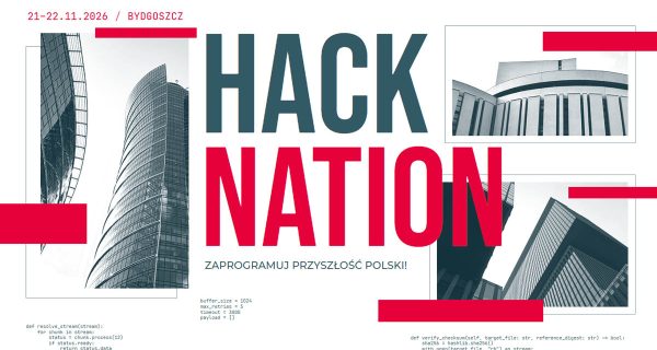 Grafika promująca HackNation 2026 z hasłem „Zaprogramuj przyszłość Polski”