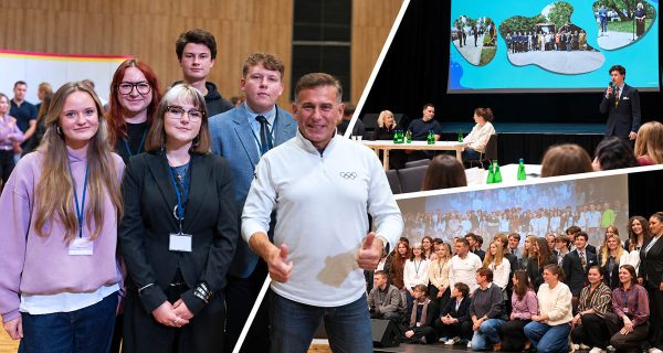Kolaż z III Konferencji Samorządów Uczniowskich przedstawiający reprezentację ZSŁ, obrady i wspólne zdjęcie uczestników