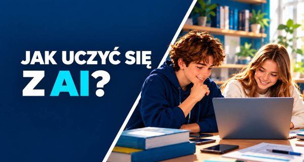 Grafika z hasłem „Jak uczyć się z AI?” i uczniami pracującymi przy laptopie