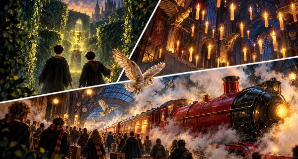 Kolaż promujący konkurs Harry Potter – Puchar Szkół z motywami związanymi ze światem Harry’ego Pottera