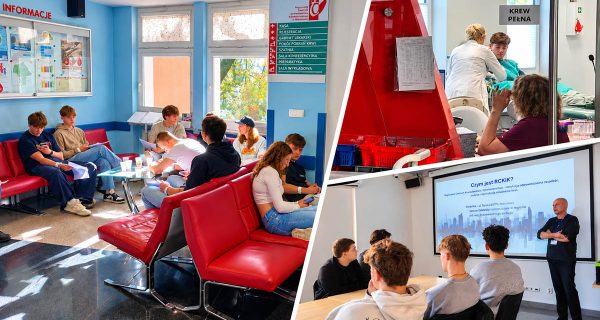 Kolaż z akcji krwiodawstwa ZSŁ 2026 przedstawiający uczestników, spotkanie edukacyjne i zaplecze punktu krwiodawstwa