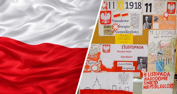 Grafika promująca szkolny konkurs z okazji Narodowego Święta Niepodległości z biało-czerwoną flagą i pracami uczniów