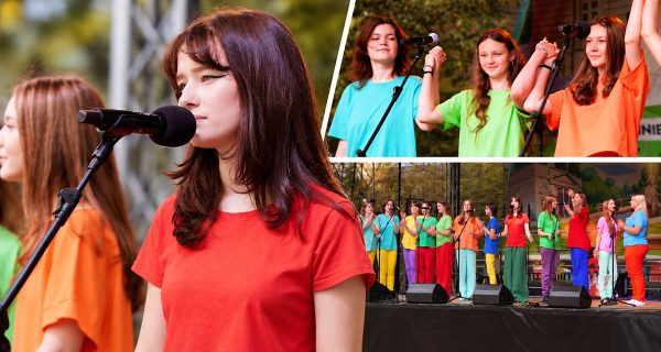 Kolaż zdjęć z występu Teatru NORA ZSŁ na Dzielnicowym Pikniku Rodzinnym w Parku Polińskiego.
