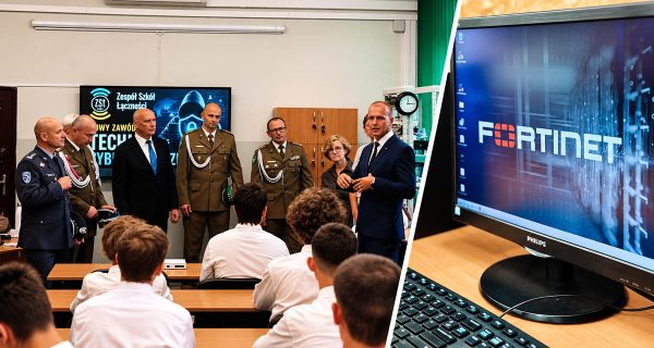 Uczniowie ZSŁ podczas spotkania z przedstawicielami Fortinet w szkolnej pracowni