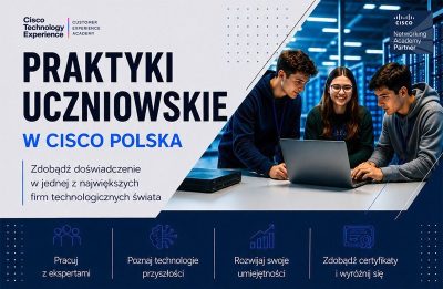 Grafika z ofertą praktyk w Cisco Polska i terminem zgłoszeń do 20 września