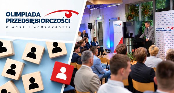 Grafika Olimpiady Przedsiębiorczości – Biznes i Zarządzanie z prelegentem przemawiającym do uczestników wydarzenia