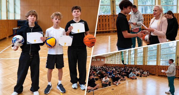 Kolaż zdjęć przedstawiający nagrodzonych uczniów z dyplomami i piłkami oraz moment wręczenia nagród przez dyrekcję podczas zawodów Pierwszaki na start