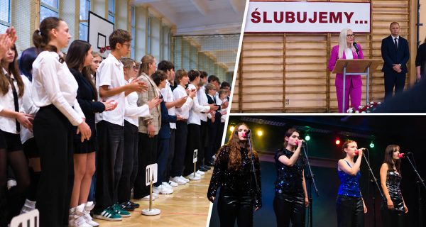 Kolaż zdjęć z uroczystości ślubowania klas pierwszych: uczniowie w galowych strojach w hali sportowej, wystąpienie przy mównicy pod banerem ŚLUBUJEMY... oraz występ wokalny na scenie
