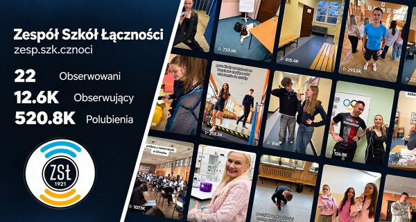 Grafika podsumowująca statystyki i popularne materiały na profilu TikTok Zespołu Szkół Łączności