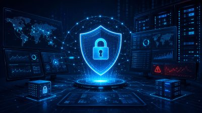 Cyfrowa grafika tarczy z kłódką symbolizująca ochronę sieci i danych w cyberbezpieczeństwie.